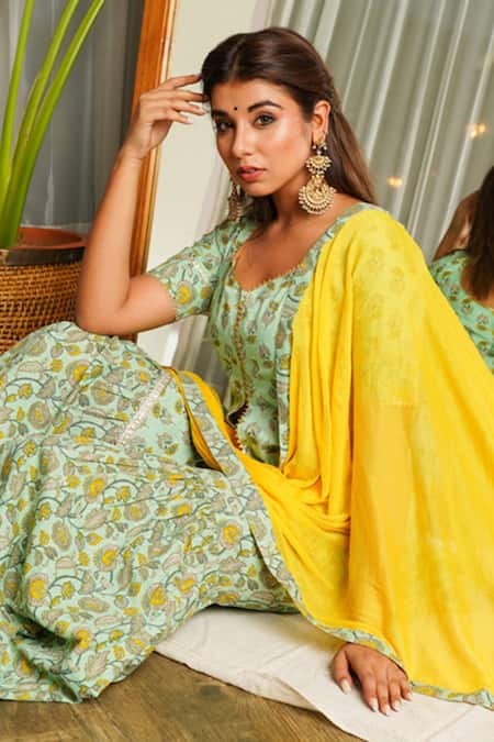 Shop_Ruchira Nangalia_Green Dupatta Chiffon, Kurta And Pants 100% Cotton Floral Printed Sharara Set _Online_at_Aza_Fashions
