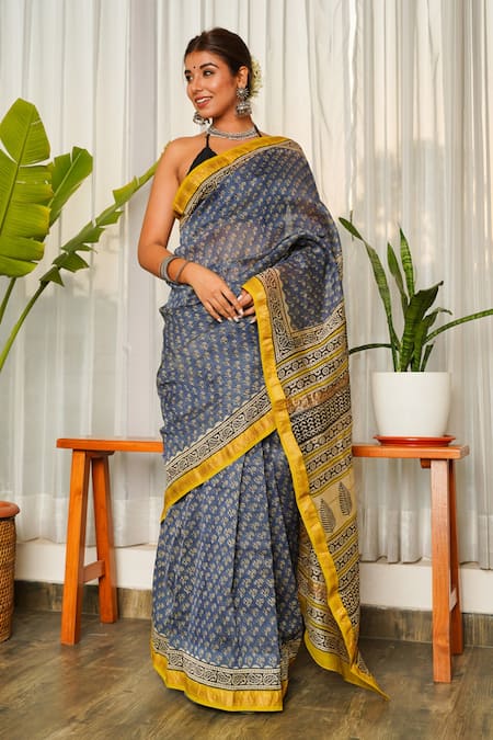 Buy_Ruchira Nangalia_Grey Chanderi Bagru Print Saree _Online_at_Aza_Fashions