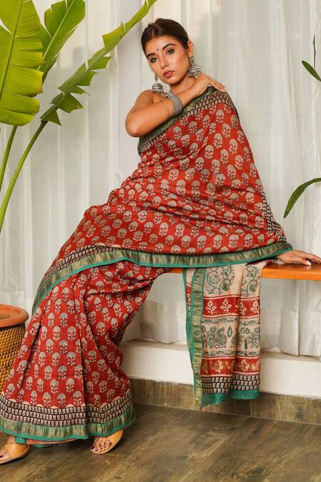 Shop Ruchira Nangalia Red Chanderi Bagru Print Saree at Aza Fashions Shop_Ruchira Nangalia_Red Chanderi Bagru Print Saree_at_Aza_Fashions