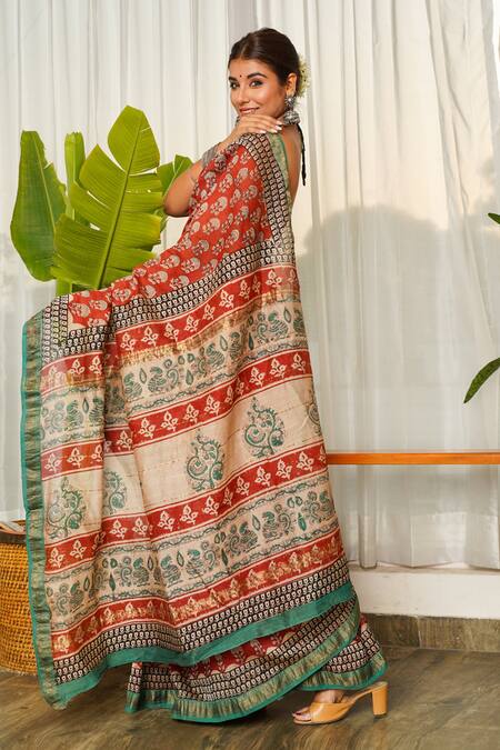 Ruchira Nangalia Red Chanderi Bagru Print Saree Online at Aza Fashions Ruchira Nangalia_Red Chanderi Bagru Print Saree_Online_at_Aza_Fashions