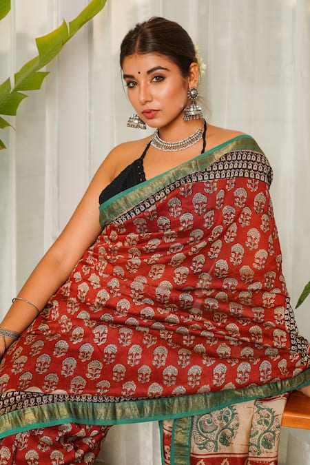 Buy Ruchira Nangalia Red Chanderi Bagru Print Saree Online at Aza Fashions Buy_Ruchira Nangalia_Red Chanderi Bagru Print Saree_Online_at_Aza_Fashions