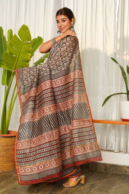 Ruchira Nangalia_Black Chanderi Bagru Print Saree_Online_at_Aza_Fashions