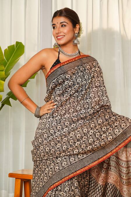 Buy_Ruchira Nangalia_Black Chanderi Bagru Print Saree_Online_at_Aza_Fashions