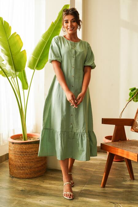 Ruchira Nangalia_Green 100% Cotton Plain Round Tiered Midi Dress_Online_at_Aza_Fashions