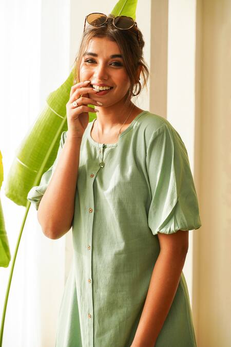 Shop_Ruchira Nangalia_Green 100% Cotton Plain Round Tiered Midi Dress_Online_at_Aza_Fashions