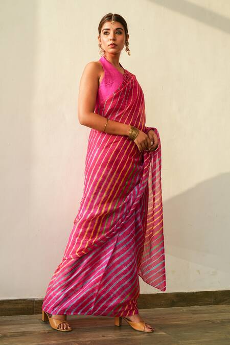 Ruchira Nangalia_Fuchsia Art Silk Leheriya Saree_Online_at_Aza_Fashions