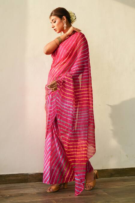 Buy_Ruchira Nangalia_Fuchsia Art Silk Leheriya Saree_Online_at_Aza_Fashions
