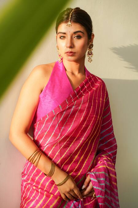 Shop_Ruchira Nangalia_Fuchsia Art Silk Leheriya Saree_Online_at_Aza_Fashions