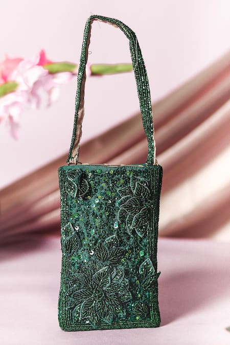 Vareli Bafna Green Embroidery Mobile Pouch 