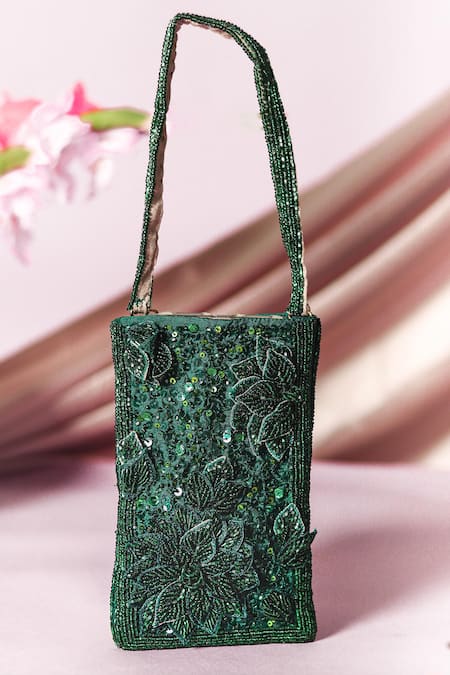 Vareli Bafna_Green Embroidery Mobile Pouch _Online_at_Aza_Fashions