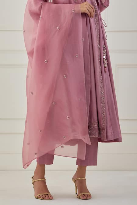 Shop_Rashi Jain_Pink Chanderi Sequins, Thread, Beads V Neck Kamal Kurta Pant Set _Online_at_Aza_Fashions