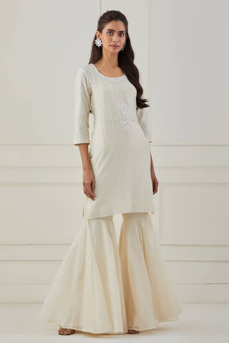 Buy_Rashi Jain_White Chanderi Bead Work Scoop Neck Safeed Kurta Sharara Set _Online_at_Aza_Fashions