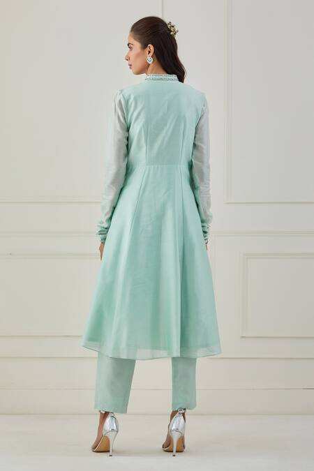 Shop_Rashi Jain_Green Chanderi Embroidery Sequins Mandarin Collar Aasma Anarkali Set _at_Aza_Fashions
