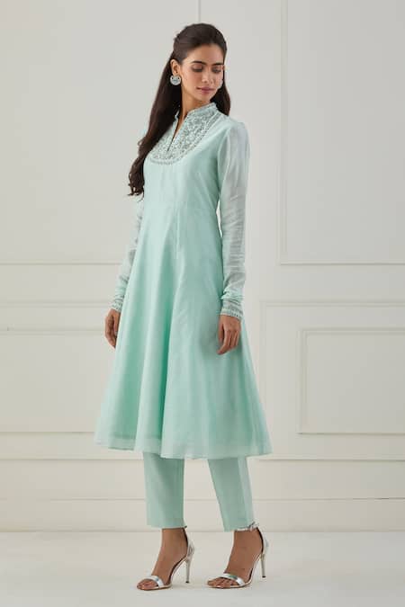 Buy_Rashi Jain_Green Chanderi Embroidery Sequins Mandarin Collar Aasma Anarkali Set _Online_at_Aza_Fashions