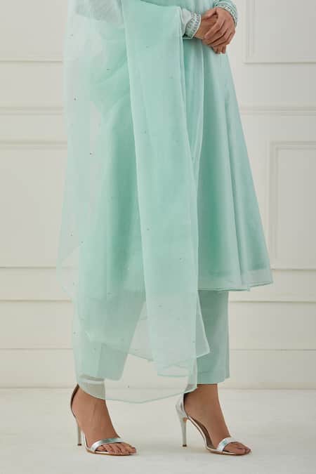 Shop_Rashi Jain_Green Chanderi Embroidery Sequins Mandarin Collar Aasma Anarkali Set _Online_at_Aza_Fashions