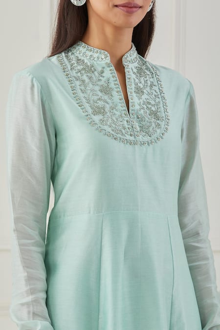 Rashi Jain_Green Chanderi Embroidery Sequins Mandarin Collar Aasma Anarkali Set _at_Aza_Fashions
