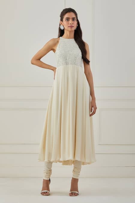 Shop_Rashi Jain_White Chanderi Sequins, Thread, Beads Round Noor Anarkali Set _Online_at_Aza_Fashions