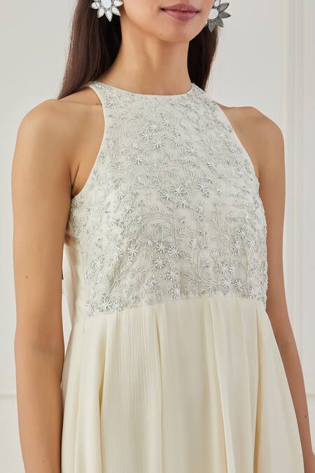 Rashi Jain_White Chanderi Sequins, Thread, Beads Round Noor Anarkali Set _at_Aza_Fashions