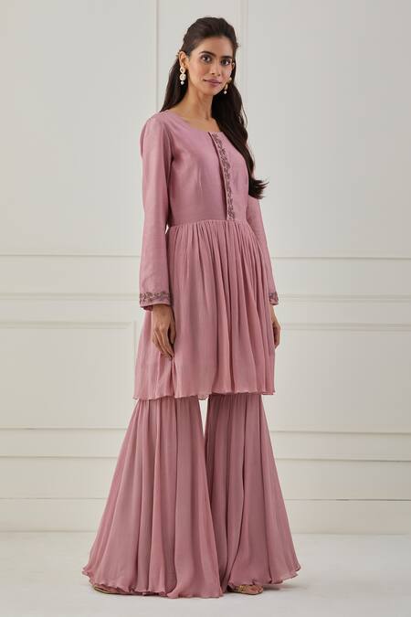 Rashi Jain Pink Chanderi Sequins, Thread, Beads Round Gulabo Kurta And Sharara Set Online at Aza Fashions Rashi Jain_Pink Chanderi Sequins, Thread, Beads Round Gulabo Kurta And Sharara Set _Online_at_Aza_Fashions
