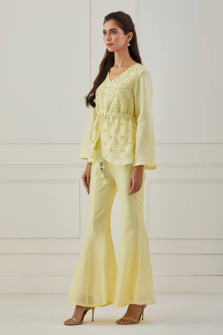 Buy_Rashi Jain_Yellow Chanderi Thread, Beads V Neck Genda Kurta And Flared Pant Set _Online_at_Aza_Fashions