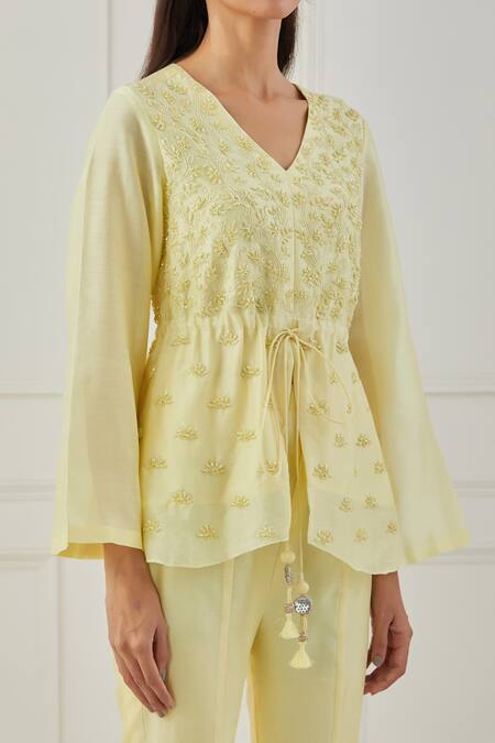 Shop_Rashi Jain_Yellow Chanderi Thread, Beads V Neck Genda Kurta And Flared Pant Set _Online_at_Aza_Fashions