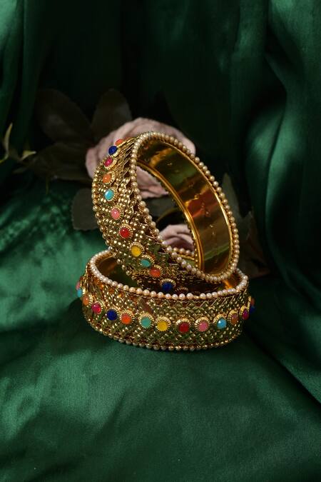 Buy_Samyukta Singhania_Gold Plated Stones Embellished Bangles - Set Of 2_Online_at_Aza_Fashions