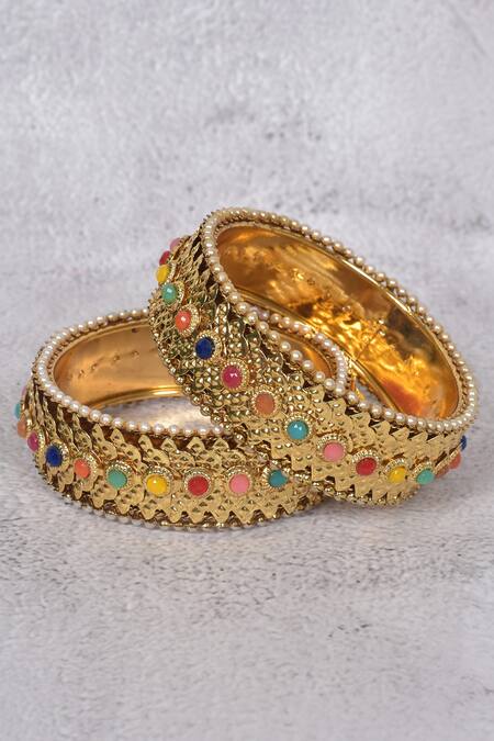 Shop_Samyukta Singhania_Gold Plated Stones Embellished Bangles - Set Of 2_Online_at_Aza_Fashions