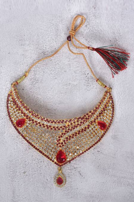 Shop_Samyukta Singhania_Gold Plated Stones Cutwork Studded Necklace Set_Online_at_Aza_Fashions