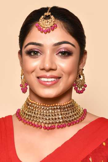 Samyukta Singhania_Gold Plated Stone And Bead Drop Choker Set_Online_at_Aza_Fashions
