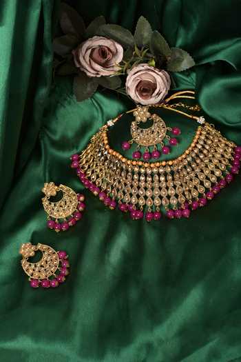 Buy_Samyukta Singhania_Gold Plated Stone And Bead Drop Choker Set_Online_at_Aza_Fashions