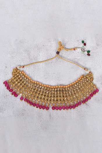 Shop_Samyukta Singhania_Gold Plated Stone And Bead Drop Choker Set_Online_at_Aza_Fashions
