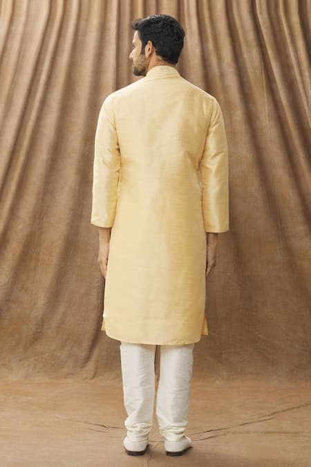 Shop_Arihant Rai Sinha_Beige Chanderi Embroidery Mandarin Collar Kurta Set _at_Aza_Fashions