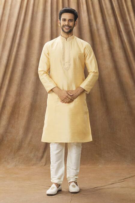 Arihant Rai Sinha_Beige Chanderi Embroidery Mandarin Collar Kurta Set _Online_at_Aza_Fashions