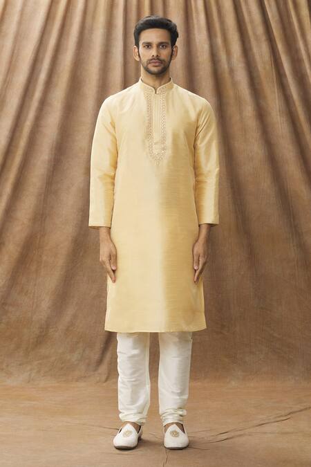 Buy_Arihant Rai Sinha_Beige Chanderi Embroidery Mandarin Collar Kurta Set _Online_at_Aza_Fashions