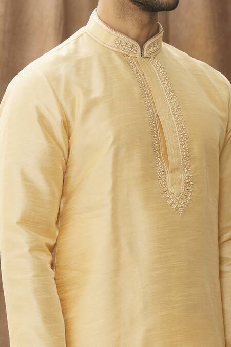 Shop_Arihant Rai Sinha_Beige Chanderi Embroidery Mandarin Collar Kurta Set _Online_at_Aza_Fashions