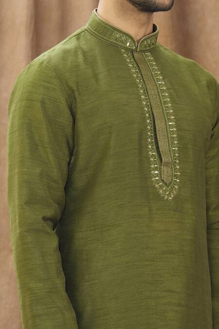 Shop Arihant Rai Sinha Green Silk, Cotton Mirrors, Embroidery Mandarin Collar Kurta Set Online at Aza Fashions Shop_Arihant Rai Sinha_Green Silk, Cotton Mirrors, Embroidery Mandarin Collar Kurta Set_Online_at_Aza_Fashions