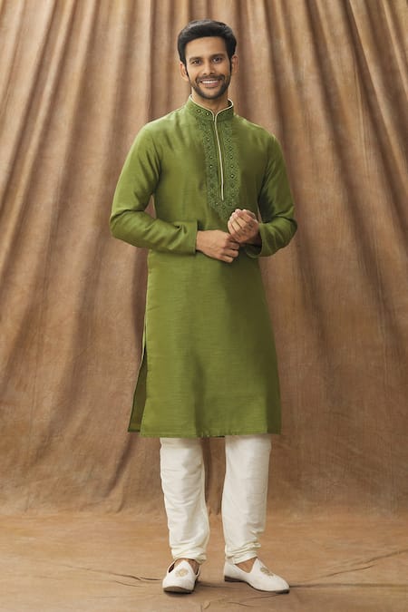 Arihant Rai Sinha Green Kurta Art Silk Embroidered Floral Mandarin Collar Set 