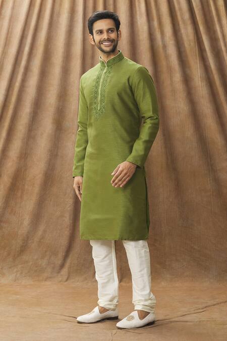 Arihant Rai Sinha Green Silk Embroidery Mandarin Collar Kurta Set Online at Aza Fashions Arihant Rai Sinha_Green Silk Embroidery Mandarin Collar Kurta Set_Online_at_Aza_Fashions