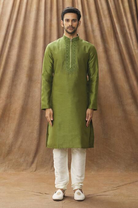 Buy Arihant Rai Sinha Green Silk Embroidery Mandarin Collar Kurta Set Online at Aza Fashions Buy_Arihant Rai Sinha_Green Silk Embroidery Mandarin Collar Kurta Set_Online_at_Aza_Fashions