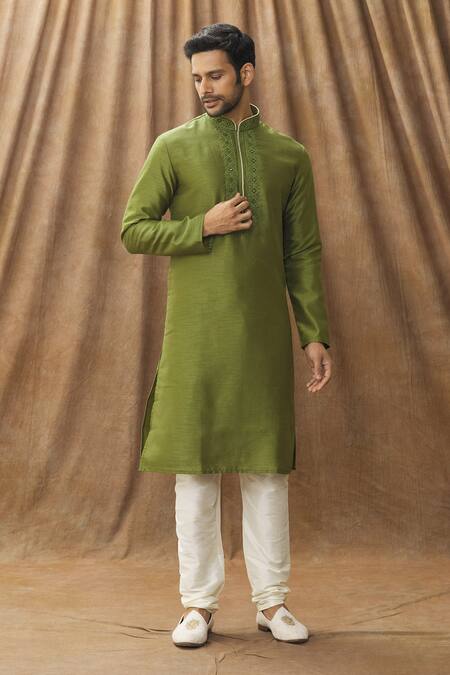 Shop Arihant Rai Sinha Green Silk Embroidery Mandarin Collar Kurta Set Online at Aza Fashions Shop_Arihant Rai Sinha_Green Silk Embroidery Mandarin Collar Kurta Set_Online_at_Aza_Fashions