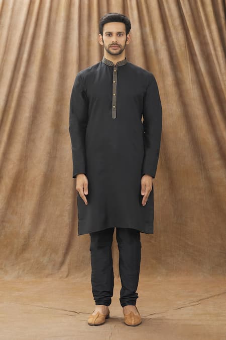 Buy_Arihant Rai Sinha_Black Handloom Cotton Embroidery Mandarin Collar Kurta _Online_at_Aza_Fashions