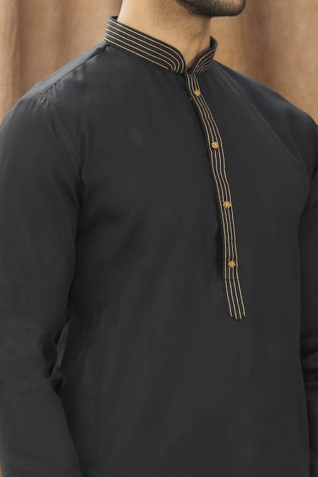 Shop_Arihant Rai Sinha_Black Handloom Cotton Embroidery Mandarin Collar Kurta _Online_at_Aza_Fashions