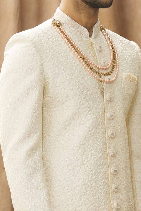 Arihant Rai Sinha Cream Silk, Chanderi Embroidery Thread Sherwani Set at Aza Fashions Arihant Rai Sinha_Cream Silk, Chanderi Embroidery Thread Sherwani Set _at_Aza_Fashions