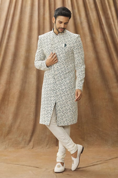 Arihant Rai Sinha Off White Silk, Chanderi Embroidery Thread Sherwani Set Online at Aza Fashions Arihant Rai Sinha_Off White Silk, Chanderi Embroidery Thread Sherwani Set _Online_at_Aza_Fashions