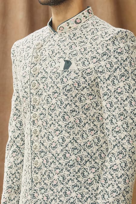 Shop Arihant Rai Sinha Off White Silk, Chanderi Embroidery Thread Sherwani Set Online at Aza Fashions Shop_Arihant Rai Sinha_Off White Silk, Chanderi Embroidery Thread Sherwani Set _Online_at_Aza_Fashions