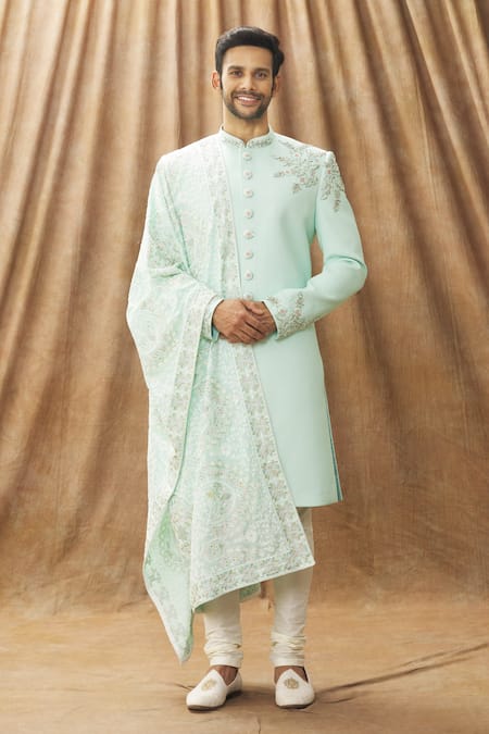 Arihant Rai Sinha Green Sherwani And Stole Art Silk Floral Pattern Set 