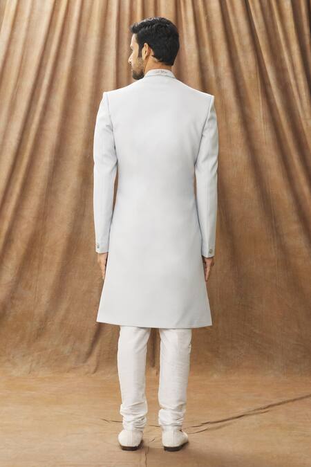 Shop_Arihant Rai Sinha_Grey Silk, Cotton Embroidery Floral Pattern Sherwani Set_at_Aza_Fashions