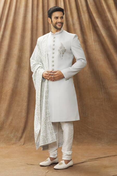 Arihant Rai Sinha_Grey Silk, Cotton Embroidery Floral Pattern Sherwani Set_Online_at_Aza_Fashions