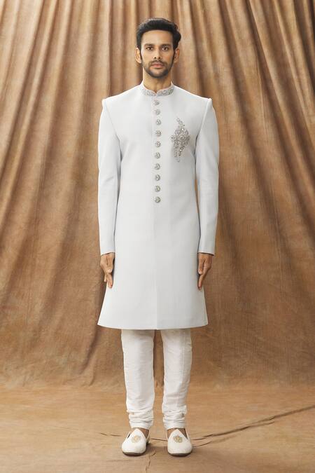 Buy_Arihant Rai Sinha_Grey Silk, Cotton Embroidery Floral Pattern Sherwani Set_Online_at_Aza_Fashions