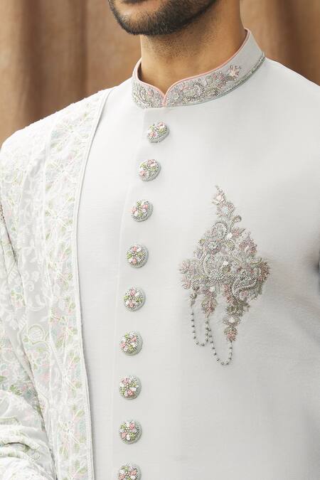 Shop_Arihant Rai Sinha_Grey Silk, Cotton Embroidery Floral Pattern Sherwani Set_Online_at_Aza_Fashions